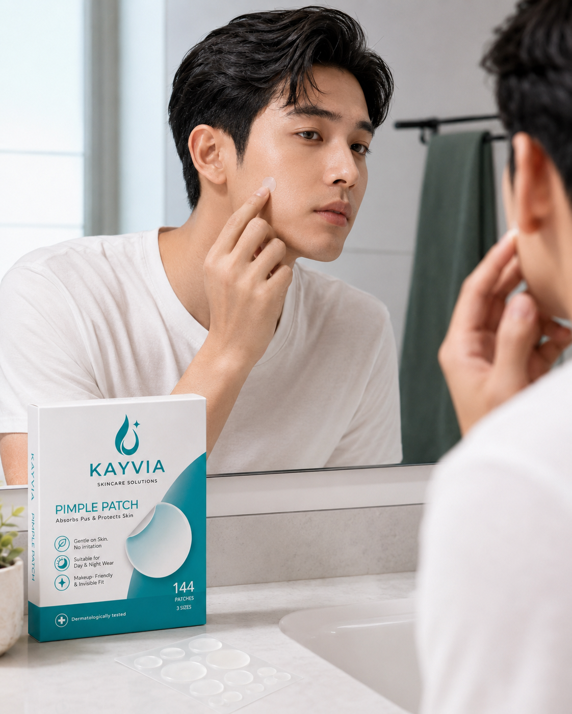 Persona aplicándose KAYVIA Pimple Patch frente al espejo